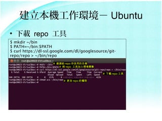 Ch Ubuntu
? d repo 
$ mkdir ~/bin
$ PATH=~/bin:$PATH
$ curl https://dl-ssl.google.com/dl/googlesource/git-
repo/repo > ~/bin/repo
                     # o repo õĿ
                        #  repo ߼h׃

                                              # d repo 

                           #  repo ę
 