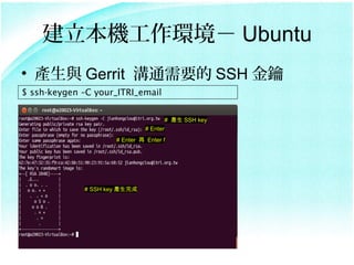 Ch Ubuntu
? ac Gerrit ͨҪ SSH 
$ ssh-keygen CC your_ITRI_email


                                         # a SSH key
                               # Enter
                     # Enter  Enter f




             # SSH key a
 