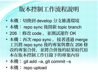 汾ƹ˵
? CГQ develop ֧Soh
? C repo sync _ topic branch
? 206 ޸ code Kyԇ\ OK
? Cٴ repo sync ͸^ merge
  ߌ repo sync Čc 206 
  ĵČρ㣬KρĽYȡԭ
  ڰ汾ƹĿµČ
? C git add Ca, git commit Cs
? C repo upload
 
