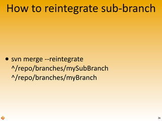 How	
  to	
  reintegrate	
  sub-­‐branch
26
• svn	
  merge	
  -­‐-­‐reintegrate	
  
^/repo/branches/mySubBranch
^/repo/branches/myBranch
 