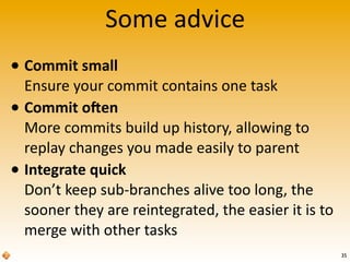 35
Some	
  advice
• Commit	
  small
Ensure	
  your	
  commit	
  contains	
  one	
  task
• Commit	
  o=en
More	
  commits	
  build	
  up	
  history,	
  allowing	
  to	
  
replay	
  changes	
  you	
  made	
  easily	
  to	
  parent
• Integrate	
  quick
Don’t	
  keep	
  sub-­‐branches	
  alive	
  too	
  long,	
  the	
  
sooner	
  they	
  are	
  reintegrated,	
  the	
  easier	
  it	
  is	
  to	
  
merge	
  with	
  other	
  tasks
 
