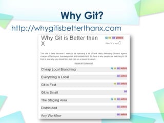 Why Git?
http://whygitisbetterthanx.com
 