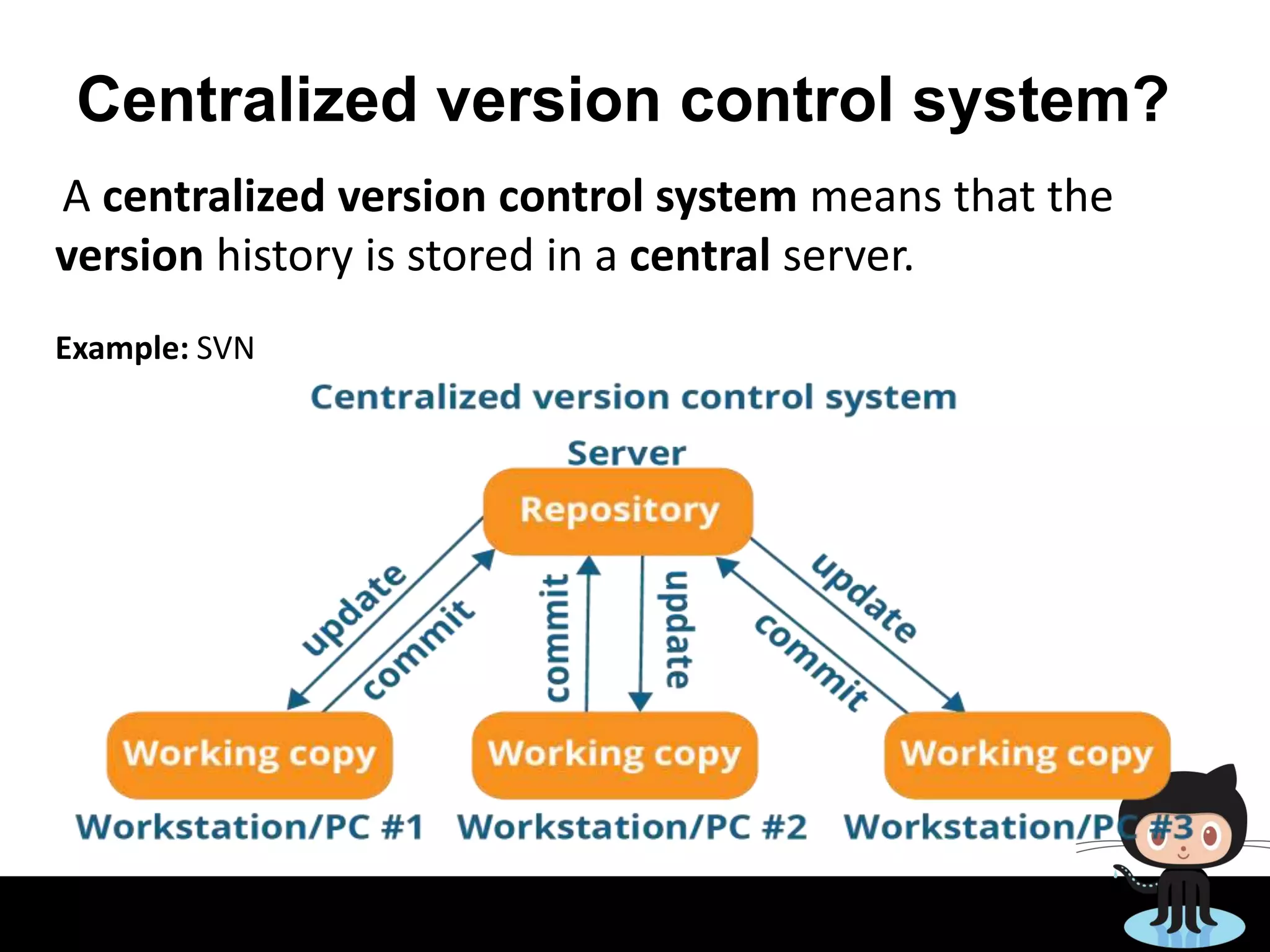 Centralized version control system?
A centralized version control system means that the
version history is stored in a central server.
Example: SVN
 