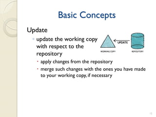 Basic Concepts
Update
 ◦ update the working copy
   with respect to the
   repository
   apply changes from the repository
   merge such changes with the ones you have made
    to your working copy, if necessary




                                                     12
 