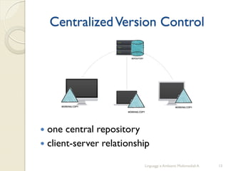Centralized Version Control




 one central repository
 client-server relationship

                          Linguaggi e Ambienti Multimediali A   13
 