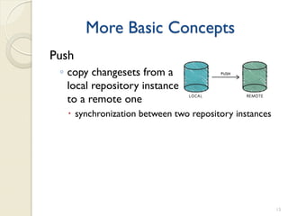 More Basic Concepts
Push
 ◦ copy changesets from a
   local repository instance
   to a remote one
   synchronization between two repository instances




                                                       15
 