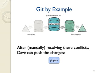 Git by Example
                       SOMEWHERE IN THE USA




     MARCO, ITALY                             DAVE, ENGLAND




After (manually) resolving these conflicts,
Dave can push the changes:
                            git push



                                                              42
 