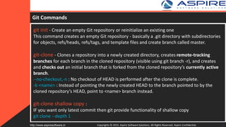 Git Commands
git init - Create an empty Git repository or reinitialize an existing one
This command creates an empty Git repository - basically a .git directory with subdirectories
for objects, refs/heads, refs/tags, and template files and create branch called master.
git-clone - Clones a repository into a newly created directory, creates remote-tracking
branches for each branch in the cloned repository (visible using git branch -r), and creates
and checks out an initial branch that is forked from the cloned repository’s currently active
branch.
--no-checkout,-n : No checkout of HEAD is performed after the clone is complete.
-b <name> : Instead of pointing the newly created HEAD to the branch pointed to by the
cloned repository’s HEAD, point to <name> branch instead.
git-clone shallow copy :
IF you want only latest commit then git provide functionality of shallow copy
git clone --depth 1
Copyrights © 2015. Aspire Software Solutions. All Rights Reserved. Aspire Confidential.http://www.aspiresoftware.in 12
 