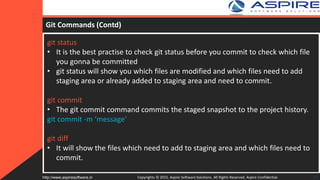 Git Commands (Contd)
git status
• It is the best practise to check git status before you commit to check which file
you gonna be committed
• git status will show you which files are modified and which files need to add
staging area or already added to staging area and need to commit.
git commit
• The git commit command commits the staged snapshot to the project history.
git commit -m ‘message’
git diff
• It will show the files which need to add to staging area and which files need to
commit.
Copyrights © 2015. Aspire Software Solutions. All Rights Reserved. Aspire Confidential.http://www.aspiresoftware.in 14
 