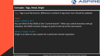 Concepts : Tags, Head, Origin
Tags: Tags is just like branch, difference is content in tag never ever should be updated.
Head:
What is HEAD in Git ?
You can think of the HEAD as the "current branch". When you switch branches with git
checkout, the HEAD revision changes to point to the tip of the new branch.
What is “origin” in Git?
Origin is an alias on your system for a particular remote repository
Copyrights © 2015. Aspire Software Solutions. All Rights Reserved. Aspire Confidential.http://www.aspiresoftware.in 16
 