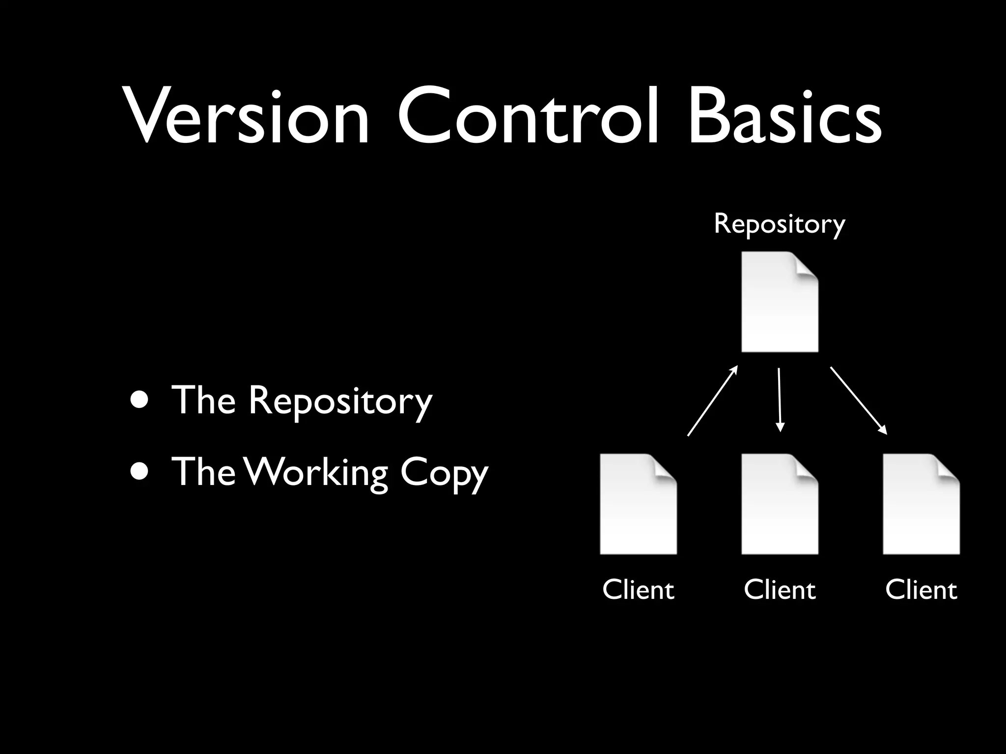 Version Control Basics
                              Repository




• The Repository
• The Working Copy
                     Client     Client     Client
 