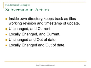 Fundamental Concepts:

Subversion in Action
Inside .svn directory keeps track as files
working revision and timestamp of update.
Unchanged, and Current.
Locally Changed, and Current.
Unchanged and Out of date
Locally Changed and Out of date.

http://svnbook.red-bean.com/

15

 