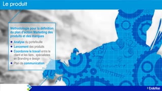 Méthodologie pour la définition
du plan d‟action Marketing des
produits et des marques
Analyse du portefeuille
Lancement des produits
Coordonne le travail entre le
client et les tiers , spécialistes
en Branding e design
Plan de communication

 