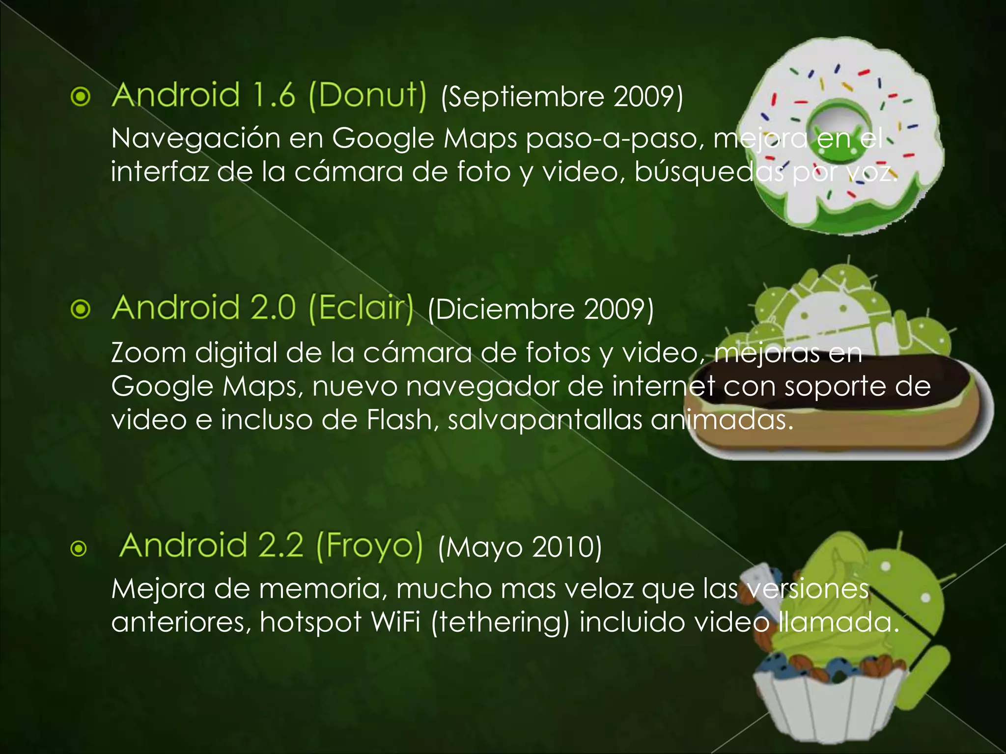 (septiembre 2008)

Primera versión de android, nunca se utilizo comercialmente.


                                  (febrero 2009)

Versión que usaron para corregir errores de la primera versión


                           (Abril 2009 )
Funcionalidades: Teclado QWERTY virtual, widgets, captura
de video, copy & paste, subir videos a Youtube en forma
directa. Lo mejor de esta versión: Es ideal para coleccionistas.
 