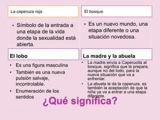 La caperuza roja                   El bosque


   Símbolo de la entrada a           Es un nuevo mundo, una
    una etapa de la vida               etapa diferente o una
    donde la sexualidad está           situación novedosa.
    abierta.

El lobo                        La madre y la abuela
                               •       La madre envía a Caperucita al
• Es una figura masculina              bosque, significa que la prepara,
• También es una nueva                 aunque no del todo, para la
                                       nueva situación que va a
  pulsión salvaje,                     enfrentar.
  incontrolable.               •       La abuela le da la caperuza, es
                                       también la aceptación de que la
• Enumeración de los                   niña ya va a entrar a una etapa
  sentidos                             diferente.
                   ¿Qué significa?
 