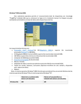 Windows® Millenium(ME)
Este subsistema operativo permite el reconocimiento total de dispositivos con tecnología
"Plug&Play" estándar USB, que su antecesor no logra sin la instalación manual. Se integran una gran
cantidadde controladoresala base de datossobre dispositivosexternos.
Los requerimientosmínimosson:
 Procesador Intel® Pentium® de 150 MegaHertz (MHz) o superior (Se recomienda
procesadorPentium® II a300 MHz).
 32 Megabytes(MB) de memoriaRAMo superior(Se recomiendanmásde 64 MB).
 320 MB de espaciolibre mínimoenel discoduro(Se recomiendan2GB)
 Unidadde CD-ROM(Opcional DVD-ROM).
 Disquetera3,5pulgadas de alta densidad.
 Mouse y Teclado.
 Adaptadorde vídeoy monitorque admitanresoluciónVGA (Se recomiendaSVGA).
 Tarjeta de sonido, altavoces, auriculares (Opcional micrófono de alta calidad y dispositivo
para captura de video).
 Módem.
Nota: el sistema operativo Windows® 2003 (Versiónpara servidores) fue una versión híbrida entre los
sistemasoperativosWindows® 9Xyel sistemaoperativoWindows® NT.
PRECIO DE LA LICENCIA MÁS
BÁSICA (EN DÓLARES)
PRECIO ACTUALIZACIÓNA LA
VERSIÓN MÁS BÁSICA (ENDÓLARES)
WindowsMe 209 109
 
