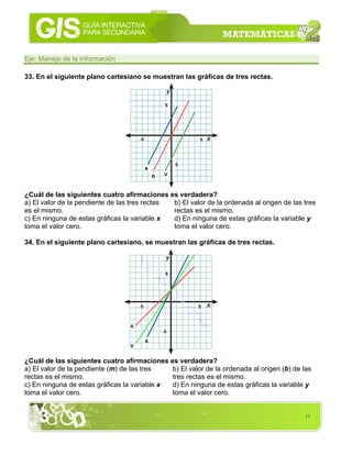 11
Eje: Manejo de la información
33. En el siguiente plano cartesiano se muestran las gráficas de tres rectas.
¿Cuál de las siguientes cuatro afirmaciones es verdadera?
a) El valor de la pendiente de las tres rectas
es el mismo.
b) El valor de la ordenada al origen de las tres
rectas es el mismo.
c) En ninguna de estas gráficas la variable x
toma el valor cero.
d) En ninguna de estas gráficas la variable y
toma el valor cero.
34. En el siguiente plano cartesiano, se muestran las gráficas de tres rectas.
¿Cuál de las siguientes cuatro afirmaciones es verdadera?
a) El valor de la pendiente (m) de las tres
rectas es el mismo.
b) El valor de la ordenada al origen (b) de las
tres rectas es el mismo.
c) En ninguna de estas gráficas la variable x
toma el valor cero.
d) En ninguna de estas gráficas la variable y
toma el valor cero.
 