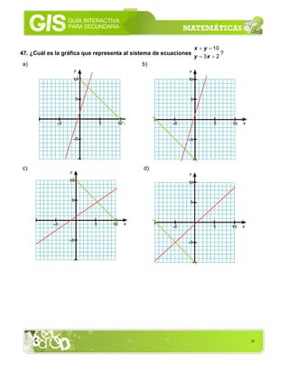 20
47. ¿Cuál es la gráfica que representa al sistema de ecuaciones
23
10
+=
=+
xy
yx
?
a) b)
c) d)
 