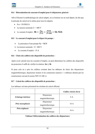Chapitre 2 : Analyse en Puissance
19
II.4 Détermination de courants d'emploi pour le disjoncteur général :
Afin d’illustrer la méthodologie de calcul adapté, on se limitera sur un seul départ, du fait que
le principe de calcul est le même pour tous les départs.
 STR= 39.85KVA
 La tension nominale U = 400 V
 Le courant d’emploi : 𝐈𝐛 =
𝐒 𝐓𝐑
√𝟑∗𝐔
=
𝟑𝟗.𝟒𝟒
√𝟑∗𝟒𝟎𝟎
= 𝟓𝟔. 𝟗𝟐𝐀
II.5 Le courant d'emploi pour le départ de pompe :
 La puissance d’une pompe Pp = 9KW
 La tension nominale : U= 400 V
 Le courant d’emploi : 19 A
II.6 Choix des calibres des dispositifs de protection :
Après avoir calculé tous les courants d’emploi, on peut déterminer les calibres des dispositifs
de protection il suffit de vérifier la relation :𝐈𝐧 ≥ 𝐈𝐛
Et pour cela on a pris les calibres existant dans les tableaux de choix des disjoncteurs
magnétothermique, disjoncteur moteur et les contacteurs (annexe 1 « tableaux donnés par les
constructeurs suivant la norme NFC15-100 »)
II.7 Calcul des calibres des dispositifs de protection :
Les tableaux suivants présentent les résultats de calcul effectué
Calibre choisie In(A)
Eclairage intérieur
Disjoncteur
magnétothermique
6 A
Prise monophasée
Disjoncteur
magnétothermique
16 A
Prise triphasée Disjoncteur
magnétothermique
16 A
Tableau 5:Détermination des calibres des disjoncteurs
 