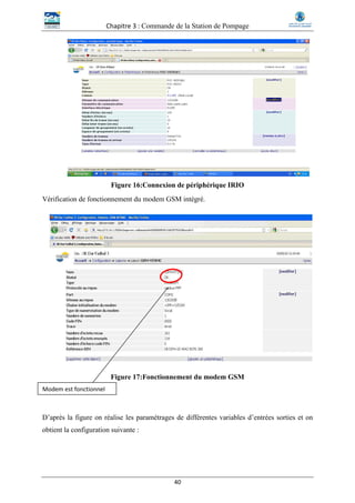 Chapitre 3 : Commande de la Station de Pompage
40
Figure 16:Connexion de périphérique IRIO
Vérification de fonctionnement du modem GSM intégré.
Figure 17:Fonctionnement du modem GSM
D’après la figure on réalise les paramétrages de différentes variables d’entrées sorties et on
obtient la configuration suivante :
Modem est fonctionnel
 