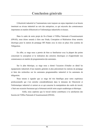 46
Conclusion générale
L'électricité industriel et l’automatisme reste toujours un enjeu important et un besoin
imminent au niveau industriel au sein des entreprises, ce qui nécessite des connaissances
importantes en matière d'électricité et l’informatique industrielle et réseaux.
Dans le cadre de notre projet de fin d’étude à l’Office Nationale d’Assainissement
(ONAS), nous étions amenés à faire une Etude, Conception et Réalisation d'une armoire
électrique pour la station de pompage SP2 Rades avec la mise en place d'un système de
Télégestion.
En effet, ce stage nous a permis de bien se familiariser avec la plupart des points
concernant la conception et la réalisation des armoires électriques et d’approfondir nos
connaissances en matière de programmation des automates.
Sur le plan théorique, ce stage nous a donné l’occasion d’étudier en détail les
équipements industriels d’une manière générale et plus précisément les stations de pompage
et faire des recherches sur les automates programmables industriel et les automates de
télégestion.
Nous tenons à signaler que ce stage été très bénéfique pour notre expérience
professionnelle qui s’est enrichie considérablement dans le domaine de l'électricité et
l'informatique industriel et surtout en ce qui concerne la manipulation des outils de travail,
c’était une occasion fructueuse qui a fortement enrichi notre acquis académique et théorique.
Enfin, nous espérons que le travail réalisé contribuera à la satisfaction des
besoins de l’Office Nationale d’Assainissement (ONAS).
 