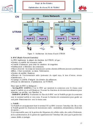 17
Projet de fin d’études:
Optimisation du réseau 3G de Méditel
Figure 5 : Architecture du réseau d’accès UTRAN
b. RNC (Radio Network Controler)
Le RNC implémente la plupart des fonctions du UTRAN, tel que :
Gestion et contrôle des ressources radio.
Contrôle d’admission pour éviter les situations de congestion.
Etablissement et libération des connexions.
Macro-diversité : les temps de transmission sur des chemins différents peuvent sensiblement
différer, il faut reconstruire au mieux l’information.
Gestion de mobilité Handover.
Mesures de l’environnement radio (puissance du signal reçu, le taux d’erreur, niveau
d’interférences,…).
Cryptage et contrôle d’intégrité des données des utilisateurs.
Procure les informations d’optimisations de l’UTRAN.
Deux types de RNC se distinguent :
- Serving-RNC (S-RNC): C'est le RNC qui maintient la connexion avec le réseau cœur
quand le mobile est en soft Handover. Il assure les fonctions de division/recombinaison pour
acheminer un seul flux vers l'interface Iu.
- Drift-RNC (D-RNC): Il achemine les flux du S-RNC vers le NodeB qui gère la connexion
avec le terminal mobile et vice-versa. Il assure la fonction de commutation pour garder un
seul point d'interconnexion avec le réseau cœur.
c. NodeB :
Un NodeB est un équipement liant le terminal UE au RNC à travers l’interface Iub. De ce fait
le NodeB garantit les fonctions de transmission radio : modulation, démodulation, étalement
de spectre…
Il est responsable aussi, de la gestion des fréquences de cellules radio, des codes d’étalement,
de la synchronisation, de la gestion de signalisation de l’interface Iub, ainsi que la gestion des
canaux dédiés et partagés.
 