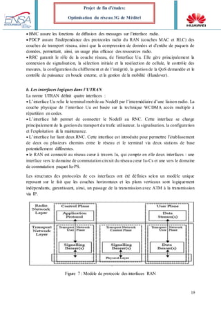 19
Projet de fin d’études:
Optimisation du réseau 3G de Méditel
BMC assure les fonctions de diffusion des messages sur l’interface radio.
PDCP assure l'indépendance des protocoles radio du RAN (couches MAC et RLC) des
couches de transport réseau, ainsi que la compression de données et d'entête de paquets de
données, permettant, ainsi, un usage plus efficace des ressources radio.
RRC garantit le rôle de la couche réseau, de l'interface Uu. Elle gère principalement la
connexion de signalisation, la sélection initiale et la resélection de cellule, le contrôle des
mesures, la configuration du chiffrement et de l’intégrité, la gestion de la QoS demandée et le
contrôle de puissance en boucle externe, et la gestion de la mobilité (Handover).
b. Les interfaces logiques dans l’UTRAN
La norme UTRAN définit quatre interfaces :
L’interface Uu relie le terminal mobile au NodeB par l’intermédiaire d’une liaison radio. La
couche physique de l’interface Uu est basée sur la technique WCDMA accès multiple à
répartition en codes.
L’interface Iub permet de connecter le NodeB au RNC. Cette interface se charge
principalement de la gestion du transport du trafic utilisateur, la signalisation, la configuration
et l’exploitation & la maintenance.
L’interface Iur liant deux RNC. Cette interface est introduite pour permettre l’établissement
de deux ou plusieurs chemins entre le réseau et le terminal via deux stations de base
potentiellement différentes.
le RAN est connecté au réseau cœur à travers Iu, qui compte en elle deux interfaces : une
interface vers le domaine de commutation circuit du réseau cœur Iu-Cs et une vers le domaine
de commutation paquet Iu-PS.
Les structures des protocoles de ces interfaces ont été définies selon un modèle unique
reposant sur le fait que les couches horizontaux et les plans verticaux sont logiquement
indépendants, garantissant, ainsi, un passage de la transmission avec ATM à la transmission
via IP.
Figure 7 : Modèle de protocole des interfaces RAN
 
