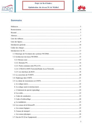 3
Projet de fin d’études:
Optimisation du réseau 3G de Méditel
Sommaire
Dédicaces..................................................................................................................................... 5
Remerciement............................................................................................................................... 6
Résumé ........................................................................................................................................ 7
Abstract........................................................................................................................................ 7
Liste des tableaux.......................................................................................................................... 8
Liste des figures............................................................................................................................ 8
Introduction générale....................................................................................................................10
Cahier des charges .......................................................................................................................11
Introduction à la 3G .....................................................................................................................13
1-1 Historique de l’évolution des systèmes WCDMA.................................................................13
1-2 Architecture du réseau WCDMA.........................................................................................15
1-2-1 Réseau cœur................................................................................................................15
1-2-2. Domaine PS................................................................................................................16
1-2-3. Partie commune entre PS et CS....................................................................................16
1-2-4. UTRAN (UMTS Terrestrial Radio Acces Network) ......................................................16
1-2-5. Les interfaces du RAN ................................................................................................18
1-3. La couverture de l’UMTS ..................................................................................................20
1-4. Duplexage dans UMTS......................................................................................................21
1-5. La chaine de transmission en UMTS...................................................................................21
a. Le codage source...............................................................................................................22
b. Le codage canal et entrelacement.......................................................................................22
c. L’étalement du spectre (spreading) .....................................................................................22
d. Les codes..........................................................................................................................23
e. Codes de canalisation ........................................................................................................23
f. Codes d’embrouillage ........................................................................................................24
g. La modulation...................................................................................................................25
1-6. Les canaux de la Release99................................................................................................25
a. Les canaux logiques :.........................................................................................................25
b. Canaux de transport :.........................................................................................................26
c. Les canaux physiques ........................................................................................................26
1-7. Etat du UE (User Equipement) ...........................................................................................27
 