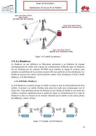 30
Projet de fin d’études:
Optimisation du réseau 3G de Méditel
Figure 16: Contrôle de puissance
1-9. Le Handover
Le Handover est par définition un Mécanisme permettant à un téléphone de changer
automatiquement de cellule sans coupures de communication. Différents types de Handover
ont été introduits par les systèmes WCDMA pour contrôler la charge du système, pour
remédier aux problèmes de la couverture et pour offrir une qualité de service satisfaisante. Les
Handovers peuvent être classés suivant plusieurs modes. Nous distinguons le Soft et Softer
Handover, et le Hard Handover.
a. Le Soft/Softer Handover:
Le Soft Handover se produit lorsque le mobile est dans la zone de chevauchement de deux
cellules. Il permet à un mobile d'utiliser plus qu'un lien radio pour communiquer avec le
réseau fixe. Cette procédure permet de diminuer le taux d'échec de Handover aux bords des
cellules et améliore significativement la qualité de signal. Le déclenchement de ce type de
Handover se fait en se basant sur les mesures effectuées par le mobile sur les canaux pilotes
des différentes stations de base.
Figure 17: Exemple de Soft Handover
 