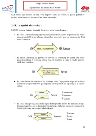 34
Projet de fin d’études:
Optimisation du réseau 3G de Méditel
L'UE réalise des mesures sur une seule fréquence dans les 3 slots, ce qui lui permet de
mesurer deux fréquences au cours d'une trame compressée.
2-11. La qualité de service :
L’UMTS propose 4 classes de qualité de services selon les applications :
 La classe Conversational qui permet aux conversations vocales de proposer une bande
passante contrôlée avec échange interactif en temps réel avec un minimum de délai
entre les paquets.
 La classe Streaming qui permet aux services de streaming de fournir une bande
passante continue et contrôlée afin de pouvoir transférer la vidéo et l’audio dans les
meilleures conditions.
 La classe Interactive destinée à des échanges entre l’équipement usager et le réseau
comme la navigation Internet qui engendre une requête et une réponse par le serveur
distant.
 La classe Background, qui affiche la plus faible priorité, permet des transferts de type
traitements par lots qui ne demandent pas de temps réel et un minimum d’interactivité
(envoi et réception de messages électroniques).
 