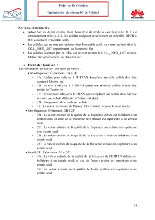 35
Projet de fin d’études:
Optimisation du réseau 3G de Méditel
Notions élémentaires :
 Active Set est défini comme étant l'ensemble de NodeBs avec lesquelles l'UE est
simultanément relié (c.-à-d., les cellules assignant actuellement un downlink DPCH à
l'UE constituent l'ensemble actif).
 Les cellules, qui ne sont pas incluses dans l'ensemble actif, mais sont incluses dans le
CELL_INFO_LIST appartiennent au Monitored Set.
 Les cellules détectées par les UEs, qui ne sont ni dans le CELL_INFO_LIST ni dans
l'Active Set appartiennent au Detected Set.
 Event de Handover :
Les événements en fonction des types de mesure :
 Intra-fréquence: Événements 1A à 1E
- 1A : Utilisé pour indiquer à l’UTRAN lorsqu'une nouvelle cellule doit être
ajoutée à l'Active set.
- 1B : Servant à indiquer à l’UTRAN quand une nouvelle cellule devrait être
retirée de l'Active set
- 1C : Utilisé pour indiquer à l'UTRAN pour remplacer une cellule dans l'Active
set avec une cellule différente (l’Active est plein)
- 1D : Changement de la meilleure cellule.
- 1E : La valeur de mesure de Primary Pilot Channel dépasse le seuil absolu.
Inter-fréquence: Événements 2B à 2F
- 2B : La valeur estimée de la qualité de la fréquence utilisée est inférieure à un
certain seuil, et celle de la fréquence non utilisée est supérieure à un certain
seuil.
- 2C : La valeur estimée de la qualité de la fréquence non utilisée est supérieure
à un certain seuil.
- 2D : La valeur estimée de la qualité de la fréquence utilisée est inférieure à un
certain seuil.
- 2F : La valeur estimée de la qualité de la fréquence utilisée est supérieure à un
certain seuil.
 Inter-RAT: Événements 3A et 3C :
- 3A : La valeur estimée de la qualité de la fréquence de l’UTRAN utilisée est
inférieure à un certain seuil, et que de l'autre système est supérieure à un
certain seuil.
- 3C : La valeur estimée de la qualité de l'autre système est supérieure à un
certain seuil.
 