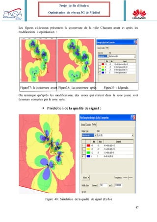 47
Projet de fin d’études:
Optimisation du réseau 3G de Méditel
Les figures ci-dessous présentent la couverture de la ville Chaouen avant et après les
modifications d’optimisation :
Figure37: la couverture avant Figure38: La couverture après Figure39 : Légende.
On remarque qu’après les modifications, des zones qui étaient dans la zone jaune sont
devenues couvertes par la zone verte.
 Prédiction de la qualité de signal :
Figure 40 : Simulation de la qualité de signal (Ec/Io)
 
