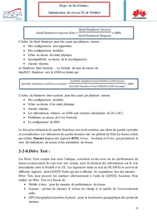 57
Projet de fin d’études:
Optimisation du réseau 3G de Méditel
L’échec du Hard Handover peut être causé par plusieurs raisons :
 Des configurations non-supportées.
 Des configurations invalides.
 Echec au niveau du canal physique.
 Incompatibilité au niveau de la reconfiguration.
 Aucune réponse.
Le Handover Inter-Système : La formule du taux de succès du
InterRAT Handover vers le GSM est donné par:
L’échec du Handover inter-système peut être causé par plusieurs raisons:
 Des configurations invalides.
 Echec au niveau d’un canal physique.
 Aucune réponse.
 Les informations relatives au GSM sont erronées (déclaration du 2G LAC).
 Problèmes au niveau du Core Network.
 La configuration du BSS.
Le fait qu'un indicateur de qualité franchisse son seuil constitue une alerte de qualité à prendre
en considération. Les indicateurs de qualité donnent une vue globale de l'état du réseau cellule
par cellule. Huawei dispose des logiciels RNO, Genex Assistant et Probe, qui permettent le
suivi des indicateurs de réseau et des paramètres du réseau.
2-2-8.Drive Test :
Les Drive Tests comme leur nom l’indique, consistent en des tests sur les performances du
réseau en parcourant les rues avec une voiture, ainsi ils donnent des informations sur la voie
descendante entre le NodeB et le UE. Les ingénieurs radio au sein de HUAWEI se servent de
différents logiciels, dont GENEX Probe qui sert à effectuer les acquisitions lors des mesures
Drive Test, pour pouvoir les analyser ultérieurement à l’aide de GENEX Assistant. Pour
réaliser un Drive Test on a besoin de :
 Mobile à trace : pour les mesures de performances du réseau
 Scanner : permet de mesurer le niveau du champ et la qualité de l’environnement
radio.
 GPS (Geographical position System) : pour la localisation géographique des points de
mesures.
 