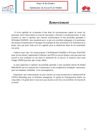 6
Projet de fin d’études:
Optimisation du réseau 3G de Méditel
Remerciement
Il m’est agréable de m’acquitter d’une dette de reconnaissance auprès de toutes les
personnes, dont l’intervention au cours de mon projet, a favorisé à son aboutissement. A cette
occasion, je tiens à exprimer mes sincères remerciements et mes profondes gratitudes à
M.Zouhair KASSOU, mon encadrant qui a su par son excellente pédagogie et la pertinence
des séances d’encadrement m’inculquer les principes de base nécessaires à la réalisation de ce
projet, ainsi que pour l’aide qu’il m’a apporté, pour sa chaleureuse façon de me transmettre
son savoir.
J’adresse aussi mes vifs remerciements à M.Mohamed CHAHID et M.Yasser HANANE
pour m’avoir donné l’opportunité d’effectuer mon PFE au sein de Huawei, ainsi que pour leur
accueil et leur confiance en moi dans la réalisation de ce travail. Je remercie aussi toute
l’équipe RNPO pour leur aide et leurs efforts.
Je tiens également à exprimer ma profonde gratitude à mon encadrant interne M.Ahmed
MOUHCEN qui m’a transmis des connaissances et des compétences techniques valeureuses,
pour ses remarques pertinentes et ses encouragements.
Finalement, mes remerciements les plus sincères au corps professoral et administratif de
l’ENSA Khouribga pour la formation prodigieuse, la qualité de l'enseignement durant ces
cinq années. Un grand merci à tous ceux qui, de près ou de loin, ont contribué à la réussite de
ce travail.
 