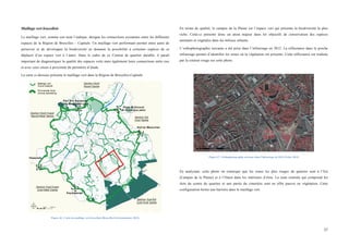  
	
  
57	
  
Maillage vert bruxellois
Le maillage vert, comme son nom l’indique, désigne les connections existantes entre les différents
espaces de la Région de Bruxelles – Capitale. Un maillage vert performant permet entre autre de
préserver et de développer la biodiversité en donnant la possibilité à certaines espèces de se
déplacer d’un espace vert à l’autre. Dans le cadre de ce Contrat de quartier durable, il paraît
important de diagnostiquer la qualité des espaces verts mais également leurs connections entre eux
et avec ceux situés à proximité du périmètre d’étude.
La carte ci-dessous présente le maillage vert dans la Région de Bruxelles-Capitale
Figure 46 : Carte du maillage vert bruxellois (Bruxelles Environnement, 2013)
En terme de qualité, le campus de la Plaine est l’espace vert qui présente la biodiversité la plus
riche. Celui-ci présente donc un atout majeur dans les objectifs de conservation des espèces
animales et végétales dans les milieux urbains.
L’orthophotographie suivante a été prise dans l’infrarouge en 2012. La réflectance dans le proche
infrarouge permet d’identifier les zones où la végétation est présente. Cette réflectance est traduite
par la couleur rouge sur cette photo.
Figure 47 : Orthophotographie aérienne dans l'infrarouge de 2012 (Urbis, 2015)
En analysant, cette photo on remarque que les zones les plus rouges du quartier sont à l’Est
(Campus de la Plaine) et à l’Ouest dans les intérieurs d’ilots. La zone centrale qui comprend les
ilots du centre du quartier et une partie du cimetière sont en effet pauvre en végétation. Cette
configuration forme une barrière dans le maillage vert.
1:10,000
0 130 260 390 52065
Meters
Realized by means of Brussels UrbIS®© - Distribution & Copyright CIRB
 