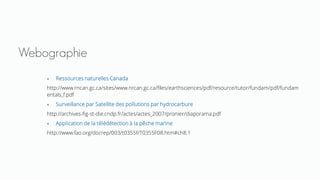 Webographie
 Ressources naturelles Canada
http://www.rncan.gc.ca/sites/www.nrcan.gc.ca/files/earthsciences/pdf/resource/tutor/fundam/pdf/fundam
entals_f.pdf
 Surveillance par Satellite des pollutions par hydrocarbure
http://archives-fig-st-die.cndp.fr/actes/actes_2007/pronier/diaporama.pdf
 Application de la télédétection à la pêche marine
http://www.fao.org/docrep/003/t0355f/T0355F08.htm#ch8.1
 