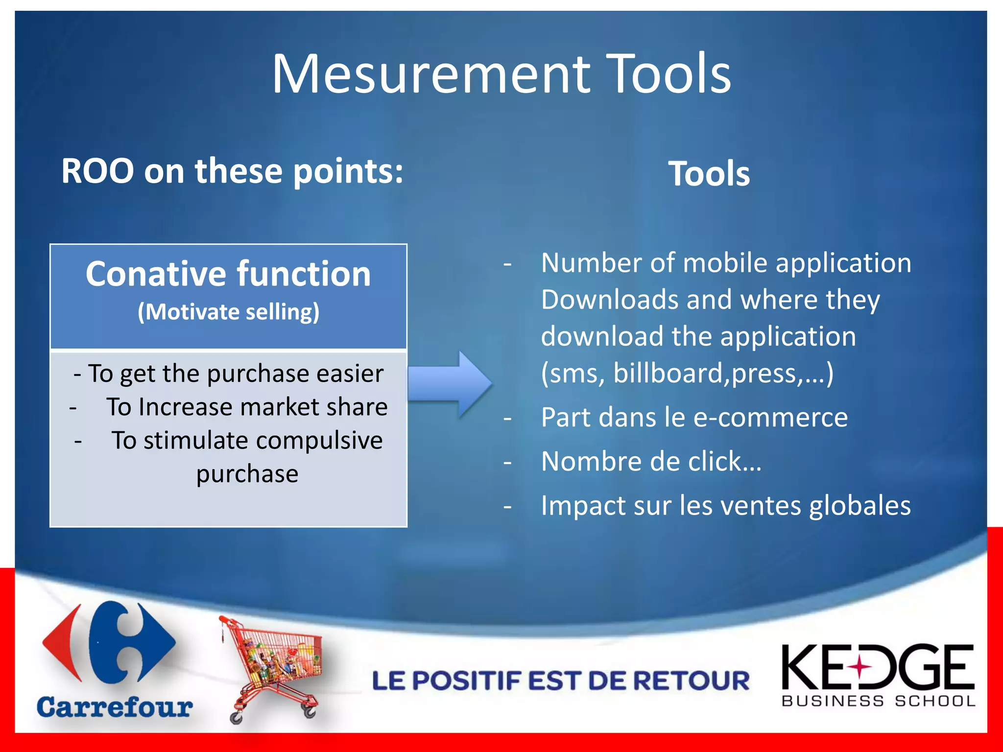 Mesurement Tools
ROO on these points:                        Tools

 Conative function              - Number of mobile application
      (Motivate selling)          Downloads and where they
                                  download the application
 - To get the purchase easier     (sms, billboard,press,…)
- To Increase market share      - Part dans le e-commerce
 - To stimulate compulsive
             purchase           - Nombre de click…
                                - Impact sur les ventes globales
 