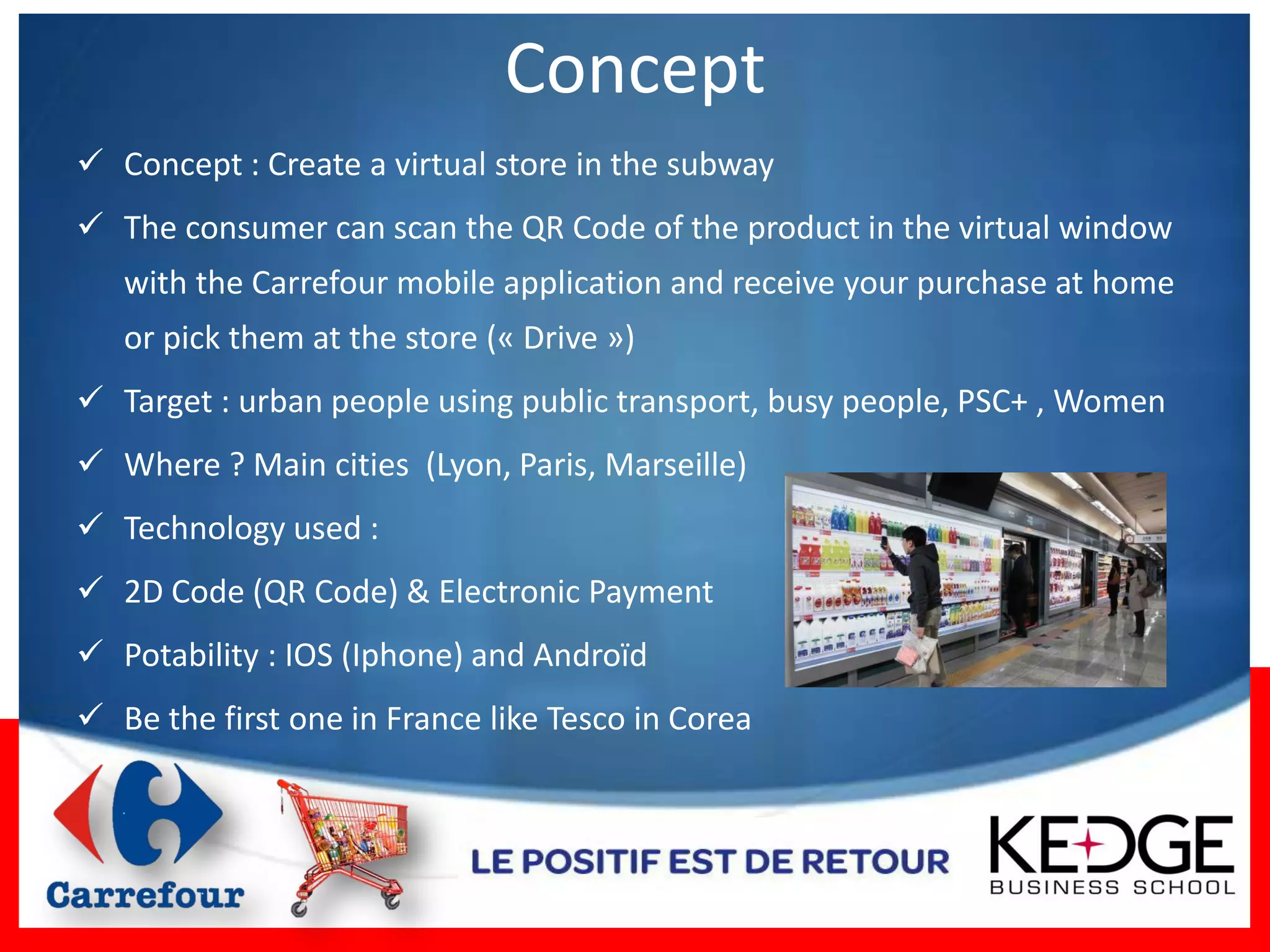 Concept
 Concept : Create a virtual store in the subway
 The consumer can scan the QR Code of the product in the virtual window
   with the Carrefour mobile application and receive your purchase at home
   or pick them at the store (« Drive »)
 Target : urban people using public transport, busy people, PSC+ , Women
 Where ? Main cities (Lyon, Paris, Marseille)
 Technology used :
 2D Code (QR Code) & Electronic Payment
 Potability : IOS (Iphone) and Androïd
 Be the first one in France like Tesco in Corea
 