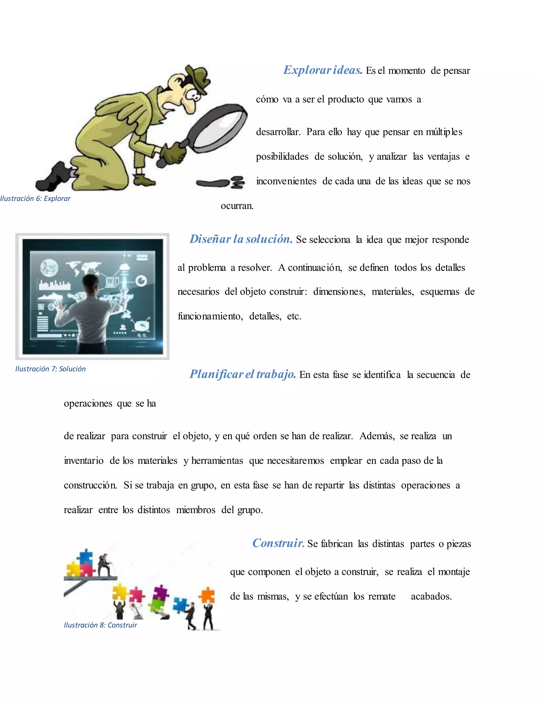 Explorarideas. Es el momento de pensar
cómo va a ser el producto que vamos a
desarrollar. Para ello hay que pensar en múltiples
posibilidades de solución, y analizar las ventajas e
inconvenientes de cada una de las ideas que se nos
ocurran.
Diseñar la solución. Se selecciona la idea que mejor responde
al problema a resolver. A continuación, se definen todos los detalles
necesarios del objeto construir: dimensiones, materiales, esquemas de
funcionamiento, detalles, etc.
Planificarel trabajo. En esta fase se identifica la secuencia de
operaciones que se ha
de realizar para construir el objeto, y en qué orden se han de realizar. Además, se realiza un
inventario de los materiales y herramientas que necesitaremos emplear en cada paso de la
construcción. Si se trabaja en grupo, en esta fase se han de repartir las distintas operaciones a
realizar entre los distintos miembros del grupo.
Construir. Se fabrican las distintas partes o piezas
que componen el objeto a construir, se realiza el montaje
de las mismas, y se efectúan los remate acabados.
Ilustración 6: Explorar
Ilustración 7: Solución
Ilustración 8: Construir
 