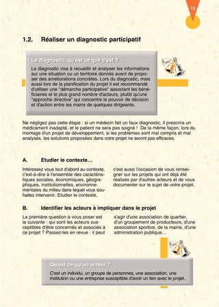 1.2. Réaliser un diagnostic participatif 
LLee ddiiaaggnnoossttiicc,, qquu''eesstt ccee qquuee cc''eesstt ?? 
Le diagnostic vise à recueillir et analyser les informations 
sur une situation ou un territoire donnés avant de propo-ser 
des améliorations concrètes. Lors du diagnostic, mais 
aussi lors de la planification du projet il est recommandé 
d'utiliser une "démarche participative" associant les béné-ficiaires 
et le plus grand nombre d'acteurs, plutôt qu'une 
"approche directive" qui concentre le pouvoir de décision 
et d'action entre les mains de quelques dirigeants. 
Ne négligez pas cette étape : si un médecin fait un faux diagnostic, il prescrira un 
médicament inadapté, et le patient ne sera pas soigné ! De la même façon, lors du 
montage d'un projet de développement, si les problèmes sont mal compris et mal 
analysés, les solutions proposées dans votre projet ne seront pas efficaces. 
A. Etudier le contexte… 
La première question à vous poser est 
la suivante : qui sont les acteurs sus-ceptibles 
d'être concernés et associés à 
ce projet ? Passez-les en revue : il peut 
13 
s'agir d'une association de quartier, 
d'un groupement de producteurs, d'une 
association sportive, de la mairie, d'une 
administration publique… 
Intéressez vous tout d'abord au contexte, 
c'est-à-dire à l'ensemble des caractéris-tiques 
sociales, économiques, géogra-phiques, 
institutionnelles, environne-mentales 
du milieu dans lequel vous sou-haitez 
intervenir. Etudier le contexte, 
c'est aussi l'occasion de vous rensei-gner 
sur les projets qui ont déjà été 
réalisés par d'autres acteurs et de vous 
documenter sur le sujet de votre projet. 
B. Identifier les acteurs à impliquer dans le projet 
QQuu'’eesstt ccee qquu’’uunn aacctteeuurr ?? 
C'est un individu, un groupe de personnes, une association, une 
institution ou une entreprise susceptible d'avoir un lien avec le projet. 
 