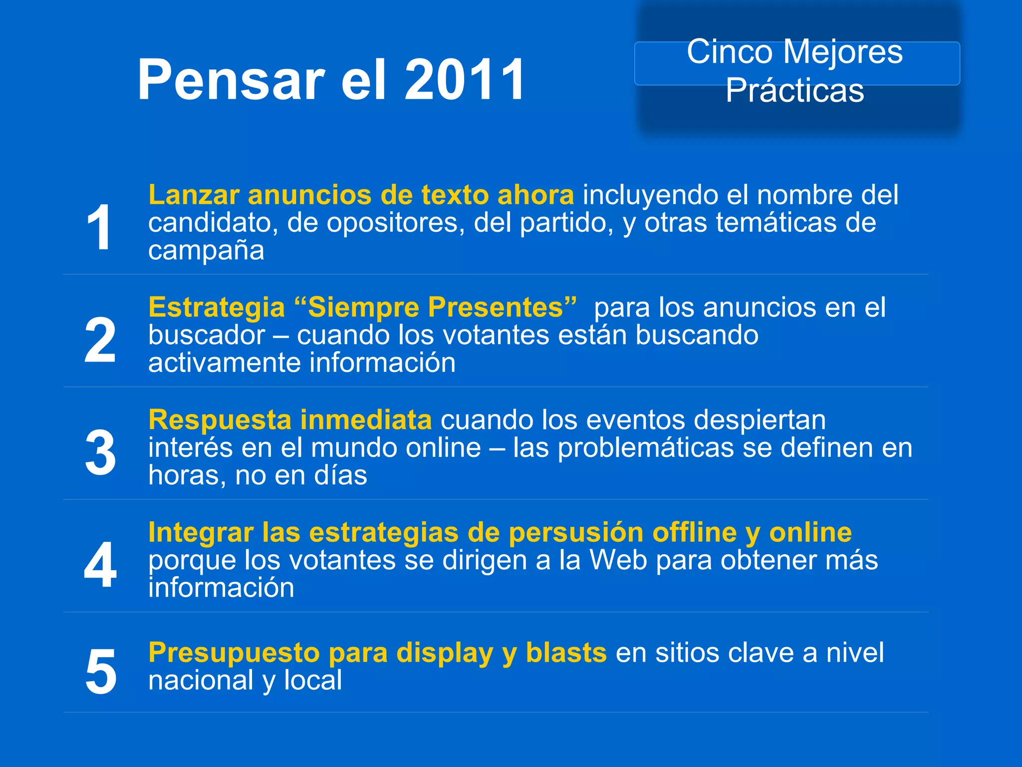 Pensar el 2011 Cinco Mejores Prácticas 1 Lanzar anuncios de texto ahora  incluyendo el nombre del candidato, de opositores, del partido, y otras temáticas de campaña 2 Estrategia  “ Siempre Presentes ”   para los anuncios en el buscador – cuando los votantes están buscando activamente información 3 Respuesta inmediata  cuando los eventos despiertan interés en el mundo online – las problemáticas se definen en horas, no en días 4 Integrar las estrategias de persusión offline y online  porque los votantes se dirigen a la Web para obtener más información 5 Presupuesto para display y blasts  en sitios clave a nivel nacional y local  