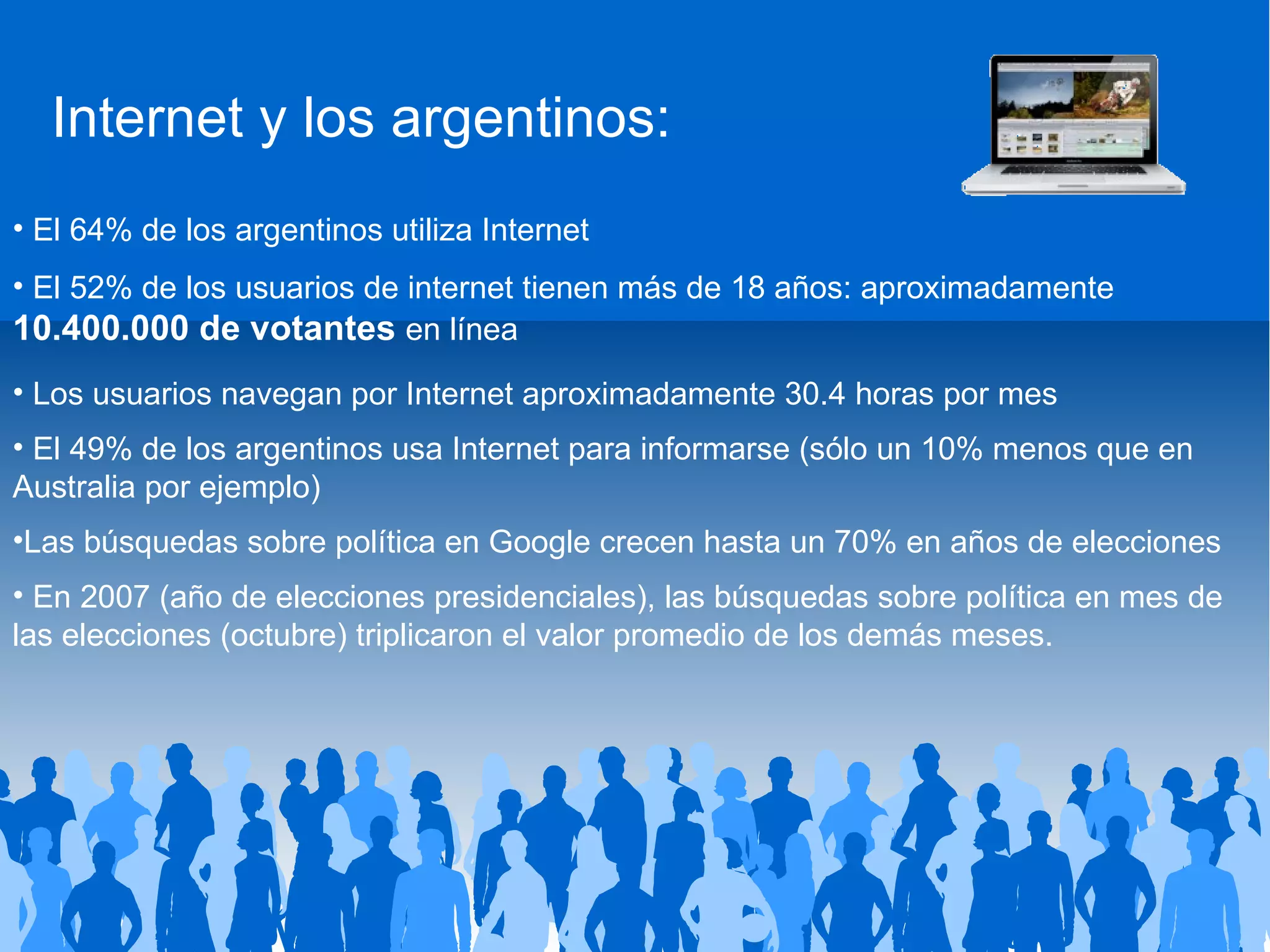 El 64% de los argentinos utiliza Internet El 52% de los usuarios de internet tienen más de 18 años: aproximadamente  10.400.000 de votantes  en línea Los usuarios navegan por Internet aproximadamente 30.4 horas por mes El 49% de los argentinos usa Internet para informarse (sólo un 10% menos que en Australia por ejemplo) Las búsquedas sobre política en Google crecen hasta un 70% en años de elecciones En 2007 (año de elecciones presidenciales), las búsquedas sobre política en mes de las elecciones (octubre) triplicaron el valor promedio de los demás meses. Source: comScore, 2009 Internet y los argentinos: 