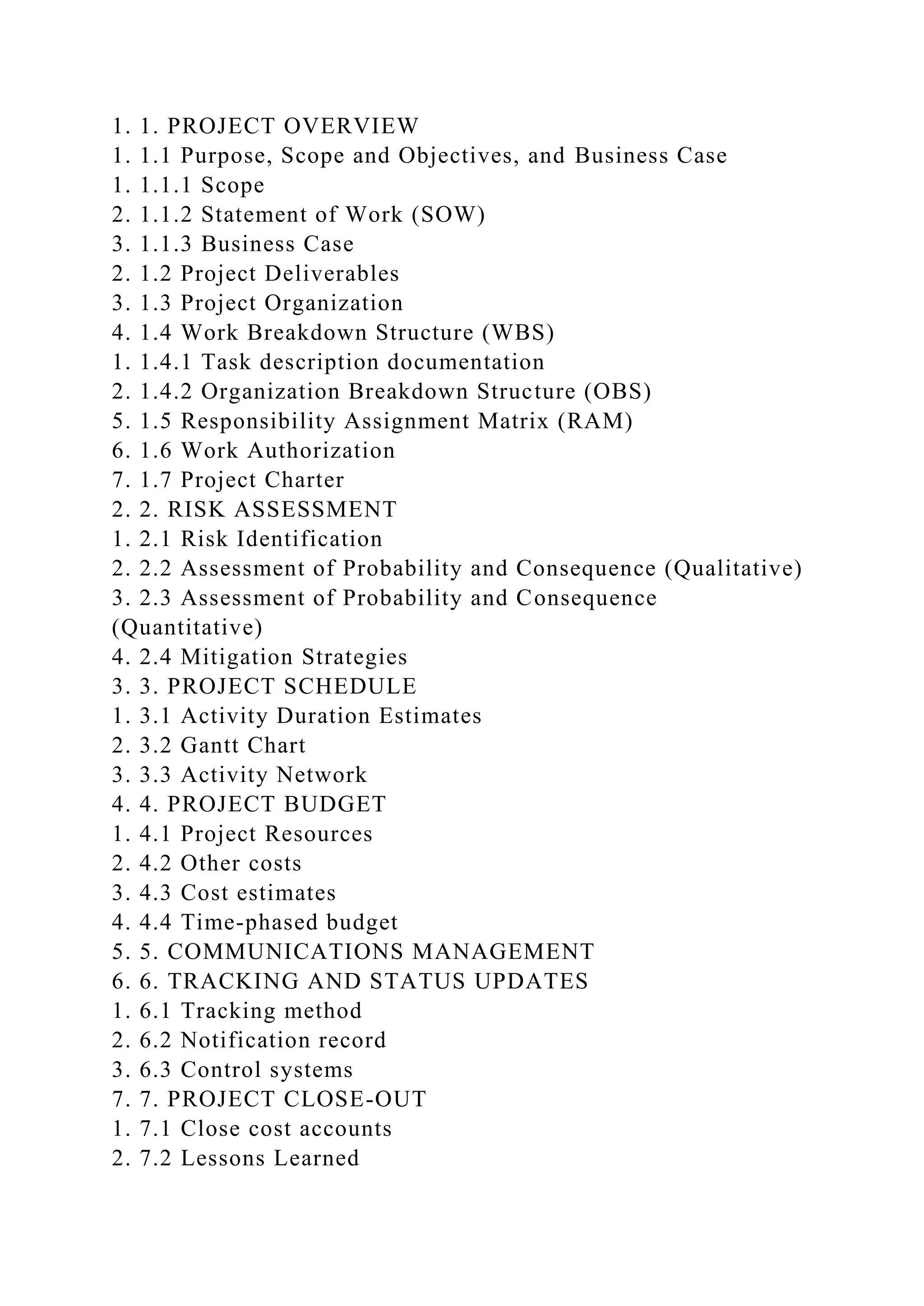 1. 1. PROJECT OVERVIEW
1. 1.1 Purpose, Scope and Objectives, and Business Case
1. 1.1.1 Scope
2. 1.1.2 Statement of Work (SOW)
3. 1.1.3 Business Case
2. 1.2 Project Deliverables
3. 1.3 Project Organization
4. 1.4 Work Breakdown Structure (WBS)
1. 1.4.1 Task description documentation
2. 1.4.2 Organization Breakdown Structure (OBS)
5. 1.5 Responsibility Assignment Matrix (RAM)
6. 1.6 Work Authorization
7. 1.7 Project Charter
2. 2. RISK ASSESSMENT
1. 2.1 Risk Identification
2. 2.2 Assessment of Probability and Consequence (Qualitative)
3. 2.3 Assessment of Probability and Consequence
(Quantitative)
4. 2.4 Mitigation Strategies
3. 3. PROJECT SCHEDULE
1. 3.1 Activity Duration Estimates
2. 3.2 Gantt Chart
3. 3.3 Activity Network
4. 4. PROJECT BUDGET
1. 4.1 Project Resources
2. 4.2 Other costs
3. 4.3 Cost estimates
4. 4.4 Time-phased budget
5. 5. COMMUNICATIONS MANAGEMENT
6. 6. TRACKING AND STATUS UPDATES
1. 6.1 Tracking method
2. 6.2 Notification record
3. 6.3 Control systems
7. 7. PROJECT CLOSE-OUT
1. 7.1 Close cost accounts
2. 7.2 Lessons Learned
 