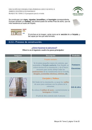 EDUCACIÓN SECUNDARIA PARA PERSONAS ADULTAS NIVEL II
ÁMBITO CIENTÍFICO-TECNOLÓGICO
BLOQUE XII. TEMA 2: El presupuesto para la vivienda.


Se construyen con vigas, viguetas, bovedillas y el hormigón correspondiente.
Incluyen también un mallazo, red entrecruzada de varillas finas de acero, que da
más resistencia al suelo del forjado.




                         Si pinchas en la imagen, verás como es la sección de un forjado, y
                         las capas por las que está formado.


2.2.2.- P roceso de co n stru cció n.

                             ¿Cómo hacemos la estructura?
                  Observa en el siguiente cuadro los pasos principales:

       Imágenes                                  Descripción                         Profesión

                                              Forjado sanitario
                                 Se levantan pequeños muros de contorno, que
                               sostendrán el forjado sanitario. Este forjado, se    Fontanero
                                coloca encima de la cimentación, y da el hueco
                                                                                    Electricista
                                     necesario para incluir debajo todas las
                              canalizaciones de las instalaciones de la vivienda,
                                desagües, acometidas eléctricas, telefonía, etc.

                                            Enrejados y Mallazo
                              Del fondo de la cimentación, se sacan las varillas
                                de acero para continuar con los pilares de la
                                                 estructura.                        Jefe de obra
                              Se coloca el mallazo de acero, y posteriormente se
                                            hormigona el forjado.
                                   El jefe de obra controla todo el proceso




                                                            Bloque XII. Tema 2, página 13 de 20
 