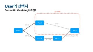 User의 선택지
Semantic Versioing이라면?
v1.0.0
v1.0.1
v1.1.0 v1.1.1
2.0.0
신규 기능
버그 수정
버그 수정
Breaking Changes (??)
?????
모순 그 자체
 