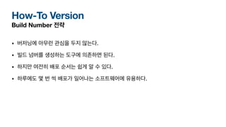 How-To Version
Build Number 전략
• 버저닝에 아무런 관심을 두지 않는다.
• 빌드 넘버를 생성하는 도구에 의존하면 된다.
• 하지만 여전히 배포 순서는 쉽게 알 수 있다.
• 하루에도 몇 번 씩 배포가 일어나는 소프트웨어에 유용하다.
 