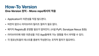 How-To Version
One-Version 원칙 - Mono repo에서의 적용
• Application이 의존성을 직접 빌드한다.
• 버전이 없으니 라이브러리 릴리즈 절차가 필요 없다.
• 패키지 Registry를 운영할 필요가 없어진다. (사설 PyPI, Sonatype Nexus 등등)
• 라이브러리에 대한 의존성을 가진 App들에게 가는 영향을 즉시 파악할 수 있다.
• 각 컴포넌트들이 테스트를 충분히 작성한다는 조직적 합의가 필요하다.
 