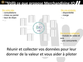 Voilà ce que propose Merchandising.IO:
Réunir et collecter vos données pour leur
donner de la valeur et vous aider à piloter
De votre site:
- consultations
- mises au panier
- taux de dispo
- …
De sources externes:
- module de notes et
avis
- prix concurrents
- …
De vos produits:
- disponibilité
- marge
- ...
 