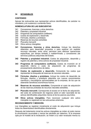 121
34 INTANGIBLES
CONTENIDO
Agrupa las subcuentas que representan activos identificables, de carácter no
monetario y sin sustancia o contenido físico.
NOMENCLATURA DE LAS SUBCUENTAS
341 Concesiones, licencias y otros derechos
342 Patentes y propiedad industrial
343 Programas de computadora (software)
344 Costos de exploración y desarrollo
345 Fórmulas, diseños y prototipos
346 Reservas de recursos extraíbles
347 Plusvalía mercantil
349 Otros activos intangibles
341 Concesiones, licencias y otros derechos. Incluye los derechos
obtenidos para desarrollar proyectos o para explorar y/o explotar
recursos naturales, entre otros; permisos para efectuar operaciones
específicas, por tiempo limitado o indeterminado; y concesiones (de
servicios públicos) adquiridas del Estado.
342 Patentes y propiedad industrial. Costos de adquisición, desarrollo y
registro de patentes y otros activos de propiedad industrial.
343 Programas de computadora (software). Costos de inversión en el
desarrollo interno o costo de adquisición de programas de
procesamiento electrónico de datos.
344 Costos de exploración y desarrollo. Comprende los costos que
representan la búsqueda de reservas de recursos naturales.
345 Fórmulas, diseños y prototipos. Incluye los costos de desarrollo de
fórmulas, diseños y prototipos obtenidos con nuevos conocimientos
científicos y tecnológicos aprovechables por la empresa, de los que se
obtendrán beneficios económicos futuros.
346 Reservas de recursos extraíbles. Comprende el costo de adquisición
de las reservas probadas de recursos naturales extraíbles.
347 Plusvalía mercantil. Corresponde al exceso en la fecha de adquisición,
del costo de combinación de negocios sobre el valor razonable de los
activos identificables adquiridos menos el de los pasivos asumidos.
349 Otros activos intangibles. Para reconocer cualquier otro activo
intangible no registrado en las subcuentas anteriores.
RECONOCIMIENTO Y MEDICIÓN
Los Intangibles se registran inicialmente al costo de adquisición que incluye
todos los desembolsos identificables directamente.
Después del tratamiento inicial los activos intangibles se miden al costo menos
la amortización acumulada y menos las pérdidas por deterioro. Si la empresa
opta por el modelo de la revaluación, se miden a su valor revaluado menos su
 