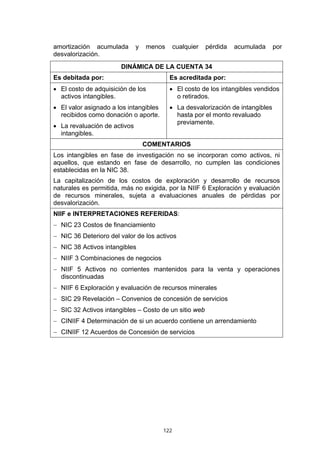 122
amortización acumulada y menos cualquier pérdida acumulada por
desvalorización.
DINÁMICA DE LA CUENTA 34
Es debitada por: Es acreditada por:
• El costo de adquisición de los
activos intangibles.
• El valor asignado a los intangibles
recibidos como donación o aporte.
• La revaluación de activos
intangibles.
• El costo de los intangibles vendidos
o retirados.
• La desvalorización de intangibles
hasta por el monto revaluado
previamente.
COMENTARIOS
Los intangibles en fase de investigación no se incorporan como activos, ni
aquellos, que estando en fase de desarrollo, no cumplen las condiciones
establecidas en la NIC 38.
La capitalización de los costos de exploración y desarrollo de recursos
naturales es permitida, más no exigida, por la NIIF 6 Exploración y evaluación
de recursos minerales, sujeta a evaluaciones anuales de pérdidas por
desvalorización.
NIIF e INTERPRETACIONES REFERIDAS:
− NIC 23 Costos de financiamiento
− NIC 36 Deterioro del valor de los activos
− NIC 38 Activos intangibles
− NIIF 3 Combinaciones de negocios
− NIIF 5 Activos no corrientes mantenidos para la venta y operaciones
discontinuadas
− NIIF 6 Exploración y evaluación de recursos minerales
− SIC 29 Revelación – Convenios de concesión de servicios
− SIC 32 Activos intangibles – Costo de un sitio web
− CINIIF 4 Determinación de si un acuerdo contiene un arrendamiento
− CINIIF 12 Acuerdos de Concesión de servicios
 